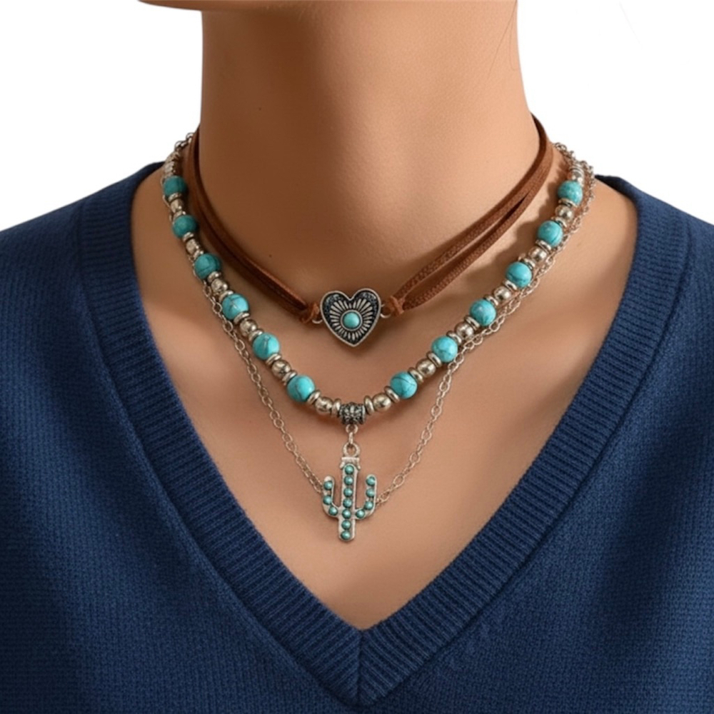 Boho Turquoise Layered Necklace Set Heart Cactus Charm Western Choker